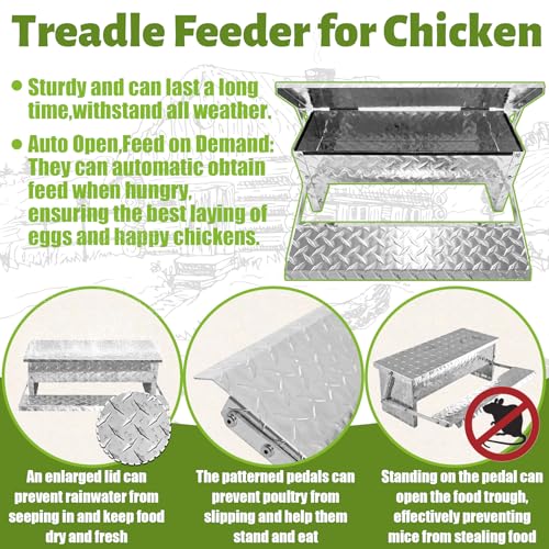 ‎Fsehyue Automatic Chicken Feeder Chook Food Feeder Capacity Treadle Self Opening Pou with Weatherproof Lid Rain Cover for Roosters Pheasant Chicken Outdoor Coop Silver Full Aluminum(11lbs/5000g)