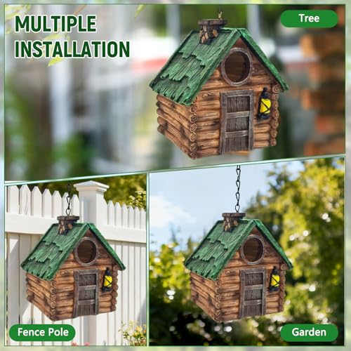 Rustic Hanging Bird House for Outside, Waterproof Resin Bluebird Nest Box | Ideal Nesting Shelter for Bluebird, Robin, Sparrow and Other Small Wild Birds, Backyard Landscape Decoration