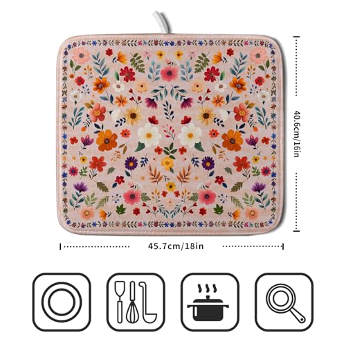 Boho Floral Dish Drying Mat - Pink Wildflower Absorbent Microfiber Kitchen Counter Pad for Home Coffee Bar Decor - color: Wildflowers Pink, size: 18" x 16"