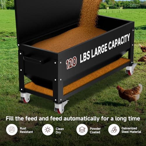 120lb Large Capacity Automatic Metal Chicken Feeder, Heavy Duty Gravity Chicken Feeder Box with Weatherproof Lid Brake Casters,Portable Chicken Feede No Waste Poultry Feeder for Ducks, Geese