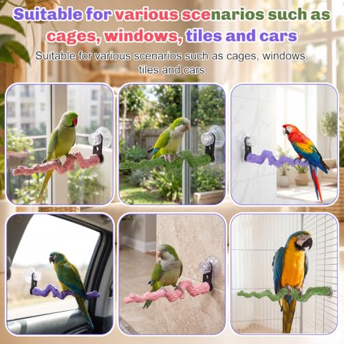 3 Pcs Dual-use Bird Perch with Rough Grinding Stone, Suction Cup & Screw Mount Window Perch Multi-Functional Bird Perches for Small and Medium Birds Cage, Wall, Bathroom and Car Travel