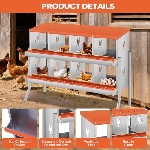 GarveeLife Chicken Nesting Box, 8 Compartments Nesting Box for Chickens, Two-Tier Galvanized Steel Chicken Egg Laying Box with Large Vented Holes Wall Mounting for Easy Egg Collection - color: Orange | 8 Compartments