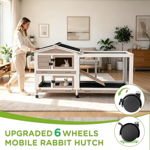 GUTINNEEN Rabbit Cage Indoor Bunny Hutch with Chew-Proof Ramp - 2 Story Guinea Pig Cages Outdoor with 6 Wheels, Leakproof Pull-Out Tray for Rabbits, Guinea Pigs (Brown) - color: Brown & White