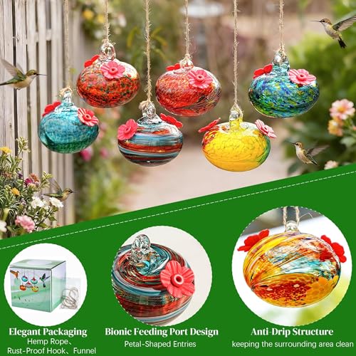 6 PCS Hummingbird Feeders for Outdoors Hand Blown Glass Hummingbird Feeder | 3.1 Inch Hanging Glass Humming Bird Feeders with 2 Flower Feeding Ports for Window Outside Garden Decor Gift