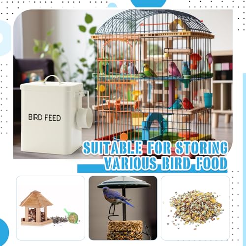 Reallnaive 2 Pcs Metal Bird Seed Container with Scoop,White | Bird Feed Storage Container with Fitted Lid, Farmhouse Style Ideal Gift for Birds and Pet Owners