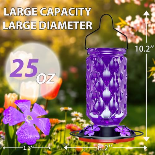 Glass Hummingbird Feeder for Outdoors, 25OZ Hummingbird Feeder with 5 Flower Ports & Perch, Leak-Proof, Crystal Clear – Hummingbird Feeders for Outdoors Hanging, Garden Decor,Gifts for Women Men - color: Purple
