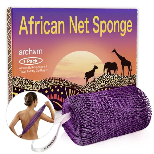 ARCH&M African Net Sponge Authentic Exfoliating Shower Bath Loofah | 53" Long Back Scrubber, Quick-Dry Mesh Body Scrubber, For Women and Men Smoother Skin, Travel Portable, Daily Use Skin Care - color: Purple