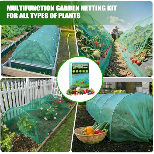 Garden Mesh Netting Kit, 10x30FT Green Ultra Fine Netting & 6 Sets 8FT Fiberglass Garden Hoops with Stake, Garden Netting with Frame for Raised Beds, Garden Hoops and Netting, Row Cover, Plant Barrier - color: Green
