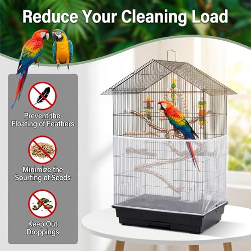Large Bird Cage Seed Catcher Adjustable Soft Airy Skirt Guard Birdcage Nylon Mesh Net, White Bird Cage Net Cover Skirt Seed Guard for Parrot Parakeet Macaw Round Square Cages