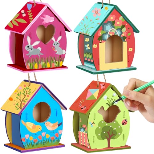 Outus 12 Pcs 5 × 7 Inch DIY Wooden Birdhouse Kit for Kids, Art Painting Bird House Craft Kit Unfinished Bird House Craft for Easter, Kids with Butterfly Sticker Gift 4 Shapes Summer Arts (Exquisite) - style: Exquisite
