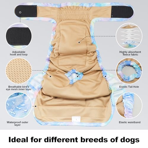 Reusable Dog Diapers Female Medium Washable, Premium Doggie Diaper for Dogs, Pack of 3, Highly Absorbent Dog Diaper for Heat, Incontinence and Puppy Training(M) - color: Multi Color Tie-Dye, size: Medium
