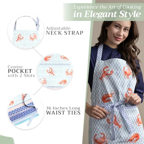 Maison d' Hermine Aprons for women with Pocket 100% Cotton (27.50"x31.50") | Adjustable Neck Strap & long ties Apron Men Chef Wedding Cooking Gardening Server Maid - color: 057 - Lobster Love