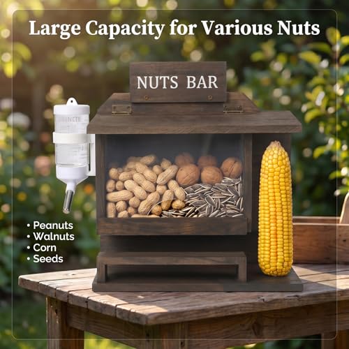 Hanging Squirrel Feeder for Outside with Picnic Table Design & Detachable Water Bottle - Funny Squirrel Picnic Table, Wooden Chipmunk Feeder for Backyard, Garden, Patio - No Assembly Required - Walnut