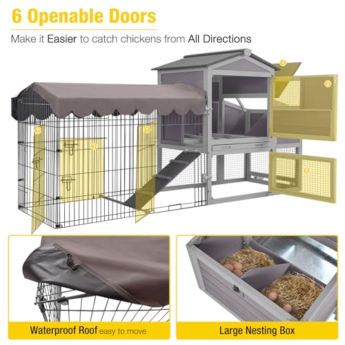 80.5’’ Outdoor Chicken Coop, Mobile Chicken Tractor with Wheels, Large Poultry Hen Cage with Nesting Box, Waterproof Roof and Sliding Out Tray, Wooden Chicken House for 2-4 Chickens - color: Grey, size: 79.1"L x 25.2"W x 43.6"H