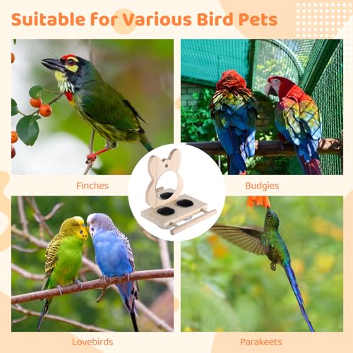Wood Parrot Perch Mirror Feed Cups, Bird Cage Toy Small Medium Parrots | Dual food water feeding cups, sturdy wooden stand, fits budgie, parakeet, cockatiel, lovebird, african grey and macaw