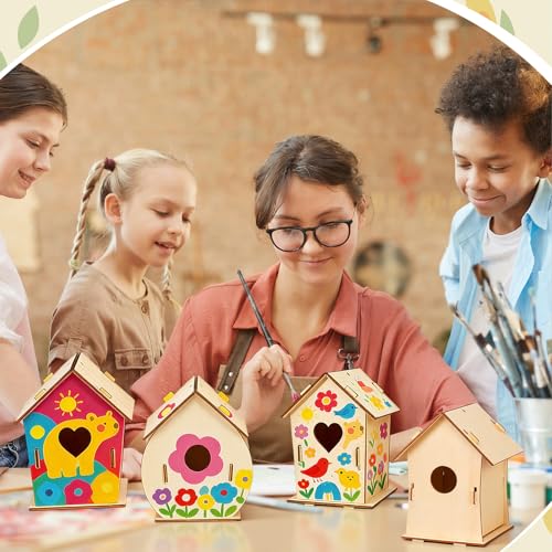 48 Pack Wooden Bird Houses to Paint DIY Crafts Unfinished Birdhouse Bulk Build Art Painting Bird House Sets Hanging Ornaments for Tree Crafts Project Creative Activity Party Gifts