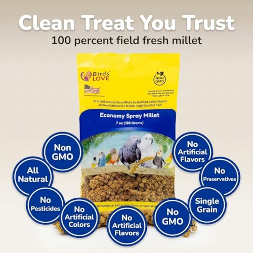 Birds LOVE Economy Spray Millet for Birds, 7 oz, GMO-Free Natural Millet Spray Treat, Stem-Reduced Edible Tops, Grown in USA, for Parakeets, Cockatiels, Lovebirds, Finches, Canaries & Small Parrots