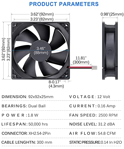 GDSTIME 92mm x 25mm 12V 2-Pin Dual Ball Bearings Brushless DC Cooling Fan | for Wine Cooler, RV Fridge, Power Supply, Dehumidifier, Inverter, Humidor, 92x92x25mm, 9225, 12 Volt Computer PC Case Fans - size: 92x25mm