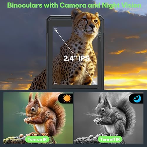 Binoculars with Camera and Night Vision - 12x42 Digital Binoculars with 2.4" IPS Screen, 7 IR Modes for 200-300m in Darkness, for Bird Watching, Hiking, Camping - Includes 32GB Card (Black)