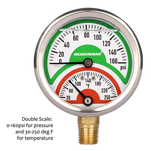 MEASUREMAN Tridicator, Thermo-Manometer, 2-1/2", Silicone Oil Filled, 0-160psi/30-250 deg F, Stainless Steel Case, 1/4" NPT Lower Mount Pressure Gauge - size: Lower Mount-Liquid Filled