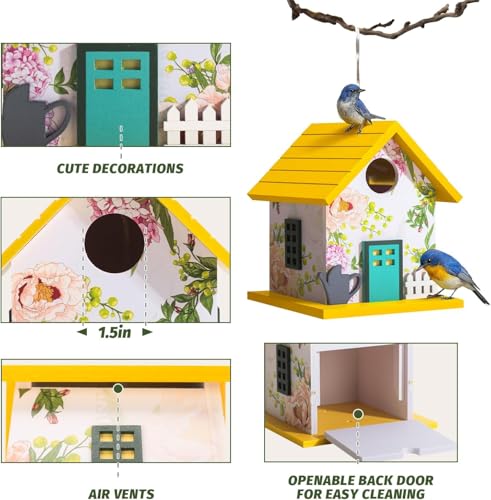 CEDAR ALPHA Spring Melody Bluebird House, Composite Material Nesting Box, Hanging Birdhouse for Blue Bird,Sparrow, Chickadee, Birdhouse for Outside, 5 Years Weatherable Bird Box on Post for Pole (A) - color: Yellow