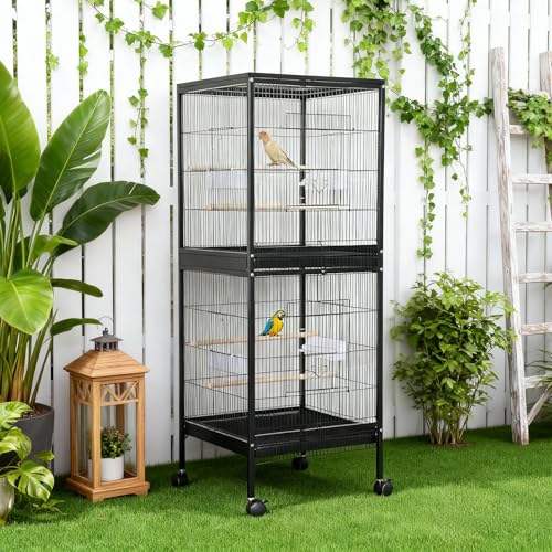 Heavy Duty 56" Wrought Iron Bird Cage with Rolling Stand – Double Stackable Play Top – Pull-Out Trays, Wooden Perches, Food Bowls – Spacious and Durable for Parakeets, Cockatiels, Conures, Lovebirds,