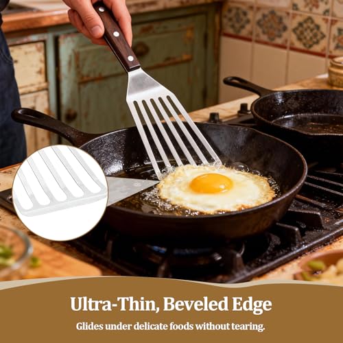Fish Spatula Wide Slot, Premium Stainless Steel with Wood Handle for Flipping Fish, Eggs, Pancakes & Burgers (Small) - size: Small