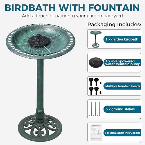 Bird Bath with Solar Fountain Tall Set - Large Resin Bird Bath for Outdoors Garden Decor - Heavy Duty Bird Baths for Clearance Made in USA - Perfect Addition to Your Backyard(Green) - color: green