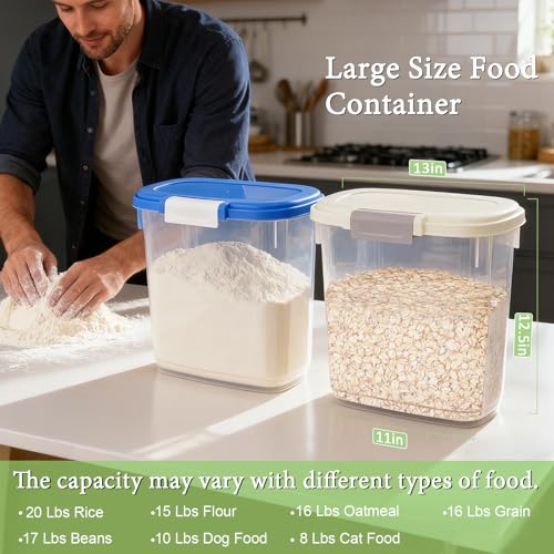 Large Rice Storage Container 15-20 Lbs, Tall Flour Container Dry Food Bin | Slim Food Container with Scoop, Cup for Cereal, Sugar, Beans, Pet Dog Cat Food, Kitchen and Pantry Storage Organization - color: Cream White