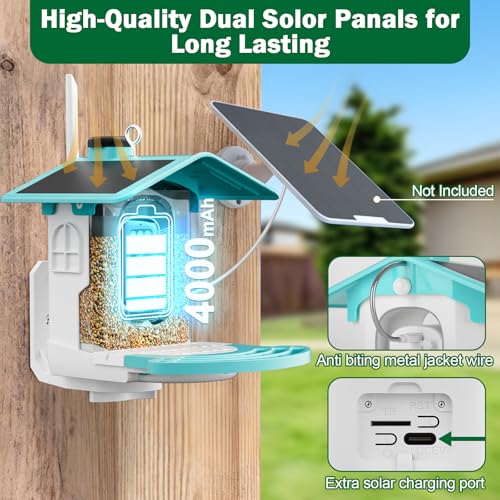 Smart Bird Feeder with Camera, Solar 2K AI Identification, Blue | Dual Solar Power, 32GB SD Included, Squirrel Barrier Tray, IP65 Weatherproof, Instant Bird Alerts, 30-Day AI Cloud Trial - color: blue