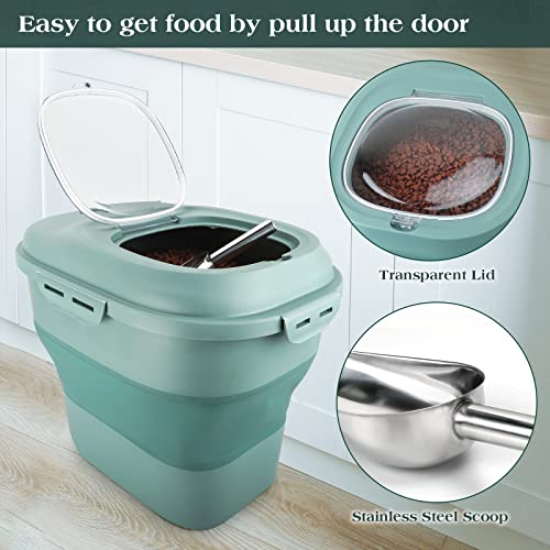 TIOVERY Dog Food Storage Container, Airtight Collapsible 13lb to 30lb Pet Food Container with Flip Top, Rolling Wheel, Scoop and 3L small container for Dog Cat Food and Dry Food of Rice, Flour - color: Green