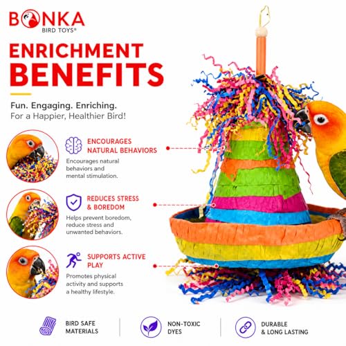 Bonka Bird Toys 2198 Pinata Hat 10" x 6" Cardboard Hat Shreddy Paper Wood Beads Straw for Conures Quakers Senegals Caiques Medium Birds Shreddable Cage Toy - size: Pack of 1
