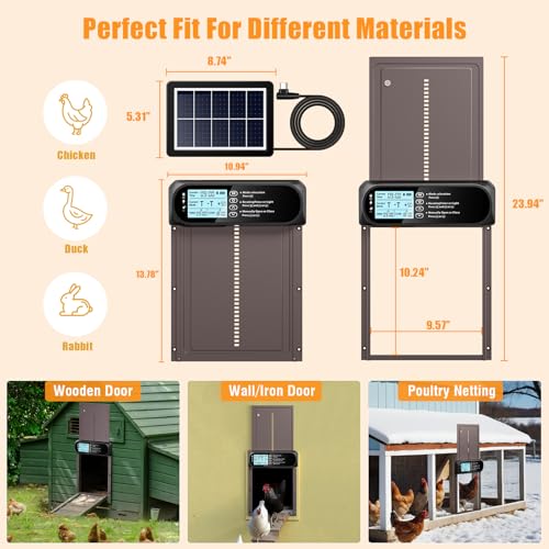 Automatic Chicken Coop Door Solar Powered, LCD Screen Electric Auto Chicken Coop Door with Timer & Light Sensor, Aluminum Rechargeable Auto Chicken Door Opener with Remote Control & 4 Modes