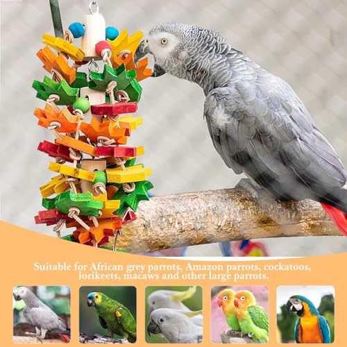 MQ Parrot Chewing Toy for Large and Small Parrots and Birds, Natural Wood Block Tearing Toy with Multicolored Maple Leaf Design, Beak Trimming Toy for African Grey Cockatoos and Amazon Parrots.