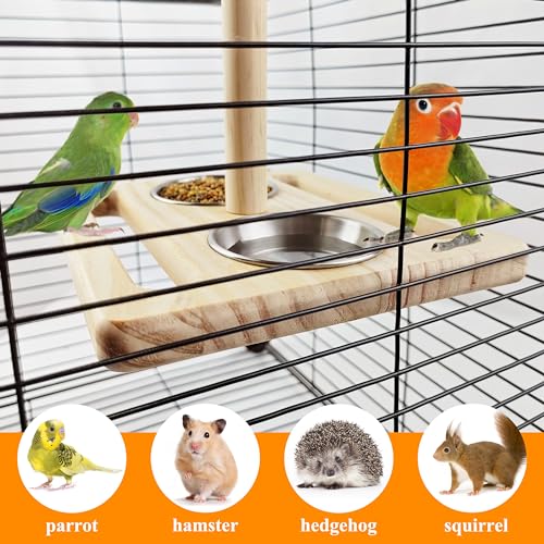 Bird Perch with Stainless Steel Feeding Bowl Cups,Parrot Wood Perch Stand Toy,Bird Cage Accessory,Parakeet Supplies for Parakeet Lovebird Cockatiel Conure Budgie Small Parrots(Small Size)