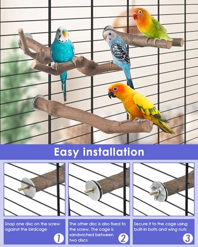 Bissap Bird Perch Stand 7PCS, Natural Grape Wood Pole Standing Parrot Cage Branch Paw Grinding Fork Parakeet Platform Hammock for Conures Budgies Finches Cockatiels Small Birds Exercise Training
