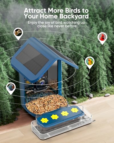 Bird Feeder with Camera Solar Powered : Smart Camera Bird Feeder 2K Live Feed Cam for Outdoor Backyard - Ai Identify Auto Capture Videos Pictures, Gifts for Birdlover Mom Dad, 2.5GHz WiFi - color: deep blue