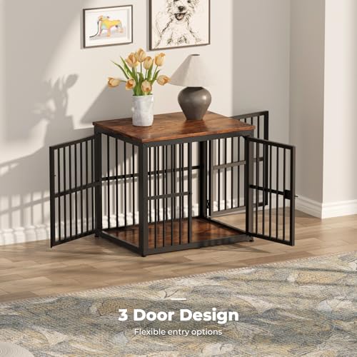 Lyromix 27'' Dog Crate Furniture with 3 Doors for Puppy Small Dogs | Wooden Kennel End Table, Heavy Duty Indoor Cage for Pug, Corgi, Boston, Multiple Units Can be Combined, Rustic Brown - color: Brown, size: 26.9"L x 20.9"W x 24.0"H