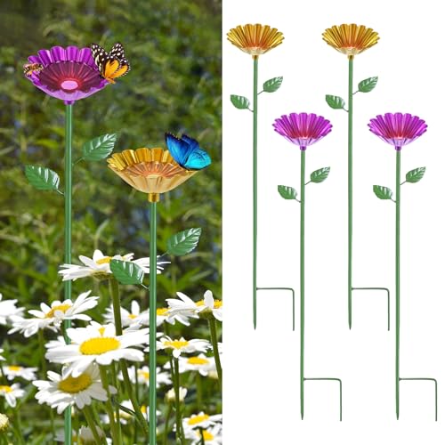 M METERXITY 4-Pack Bee Watering Station, 64cm/25 Inch Iron Bee Bath for Garden Water Feeder, Colorful Butterfly Bath Bowl for Outdoor/Garden/Yard Decor [Yellow/Rose Red] - color: Yellow, magenta