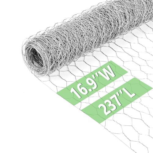 Chicken Wire 16.9 in x 237 in Poultry Wire Netting Hexagonal Galvanized Mesh Garden Fence Barrier for Pet Rabbit Chicken Fencing - color: Silver, size: 16.9"x237"+0Ties
