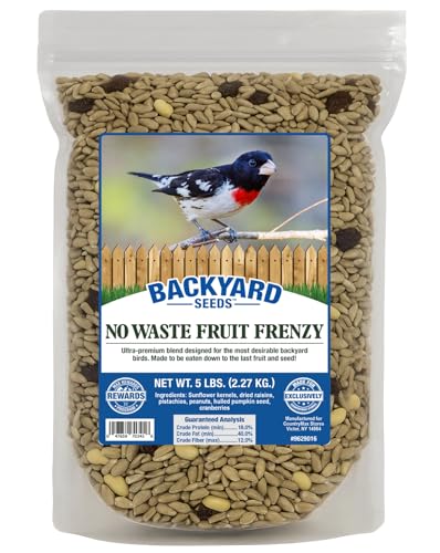Backyard Seeds Fruit Frenzy No-Waste Bird Seed Mix 5lbs - Premium Blend with Pumpkin Seeds, Cranberries & Pistachios, Small Bag of Wild Bird Food - size: 5 Pound (Pack of 1), style: No Waste Fruit Frenzy
