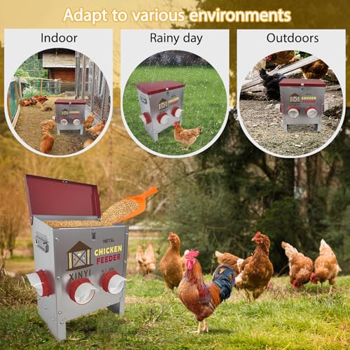 25lbs Metal Chicken Feeder, 4 Ports Galvanized Feeder, Goat Proof Auto Chicken Feeder, Weatherproof Chicken Food Dispenser System for Outdoor Coop,4.1 Gallon - size: 4 ports