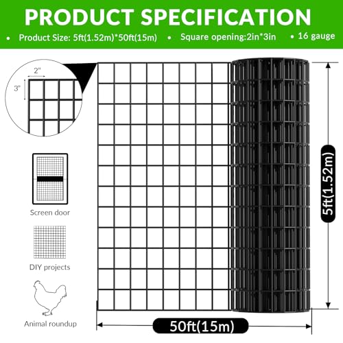 Welded Wire Fencing 5 Foot x 50 Foot,2 Inch x 3 Inch 16GA Black PVC Wire Fence,Vinyl Coating Metal Wire Mesh for Yard Vegetable Protection Goat & Poultry Netting - size: 5ft*50ft 2″×3″