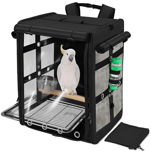 Bird Carrier Travel Cage, Cockatoo Carrier, Parrot Travel Backpack with Unbreakable Stainless Steel Mesh, Perch, Water Bottle and Food Bowl, X-Large Black - color: Black, size: 17.5"L x 14.8"W x 23.6"H