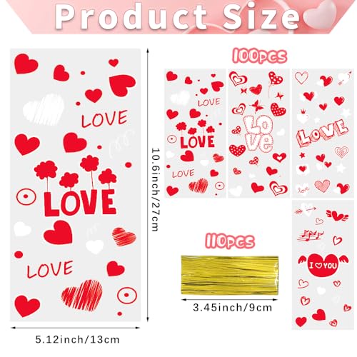 Valentines Cellophane Treat Bags, Valentines Candy Bags, 100 PCS Valentines Goodies Bags, Valentines Plastic Bags with 110pcs Gold Ties, Valentines Gift Bags for Valentines Day Party Favor Supplies - color: Red Valentines 100pcs