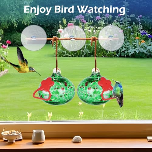 Pozfun Set of 2 Hummingbird Feeders for Outdoors Hanging,Hand-Blown Glass Hummingbird Feeder with Silicone Feeding Perch,Never Leak,Gardening Gifts for Woman Man(Red) - color: Dotted Green