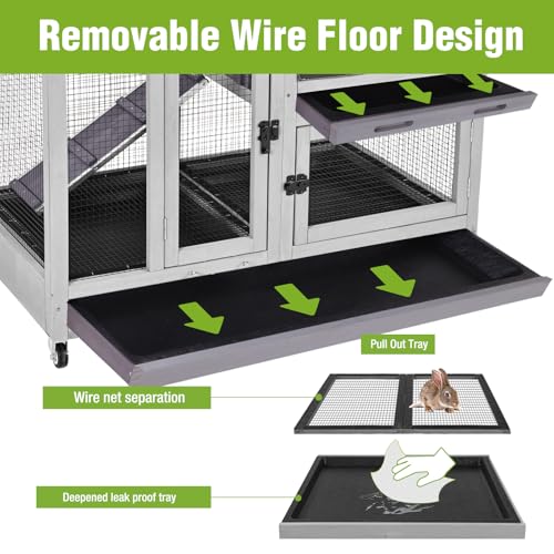 2-Story Rabbit Hutch Indoor Bunny Cage Outdoor Guinea Pig House with Wire Mesh Floor, Leak-Proof Trays, Lockable Wheels for Rabbits, Guinea Pigs, 40.6" L x 26" W x 37.6" H