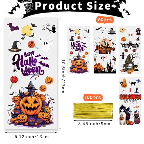 Lhocm Halloween Cellophane Treat Bags, 60PCS Plastic Clear Halloween Candy Cookies Goodie Gift Bags with Ties for Halloweens Trick or Treat Party Favors Supplies, 4 Style - color: Halloween 60pcs