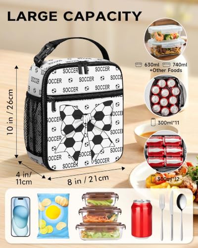 Lunch Box Girls Boys Insulated Lunch Bag for Kids Teen, Soccer Bow | Reusable Lunchbox, Cooler Tote Bag, Mesh Side Pocket, Easy to Clean, Waterproof Leak-Proof Lining for School Office Picnic - color: Soccer Bow