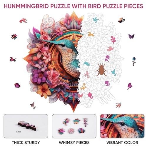 Ruikiyart 500 piece Puzzles for Adults, Wooden Puzzles for Adults Bird | Hummingbird Unique Shaped Puzzle, Personalized Puzzle, Creative Gift for Family Games, 5 mm Thick (16.7"*16.7") - color: Hummingbird, size: 500 Pieces